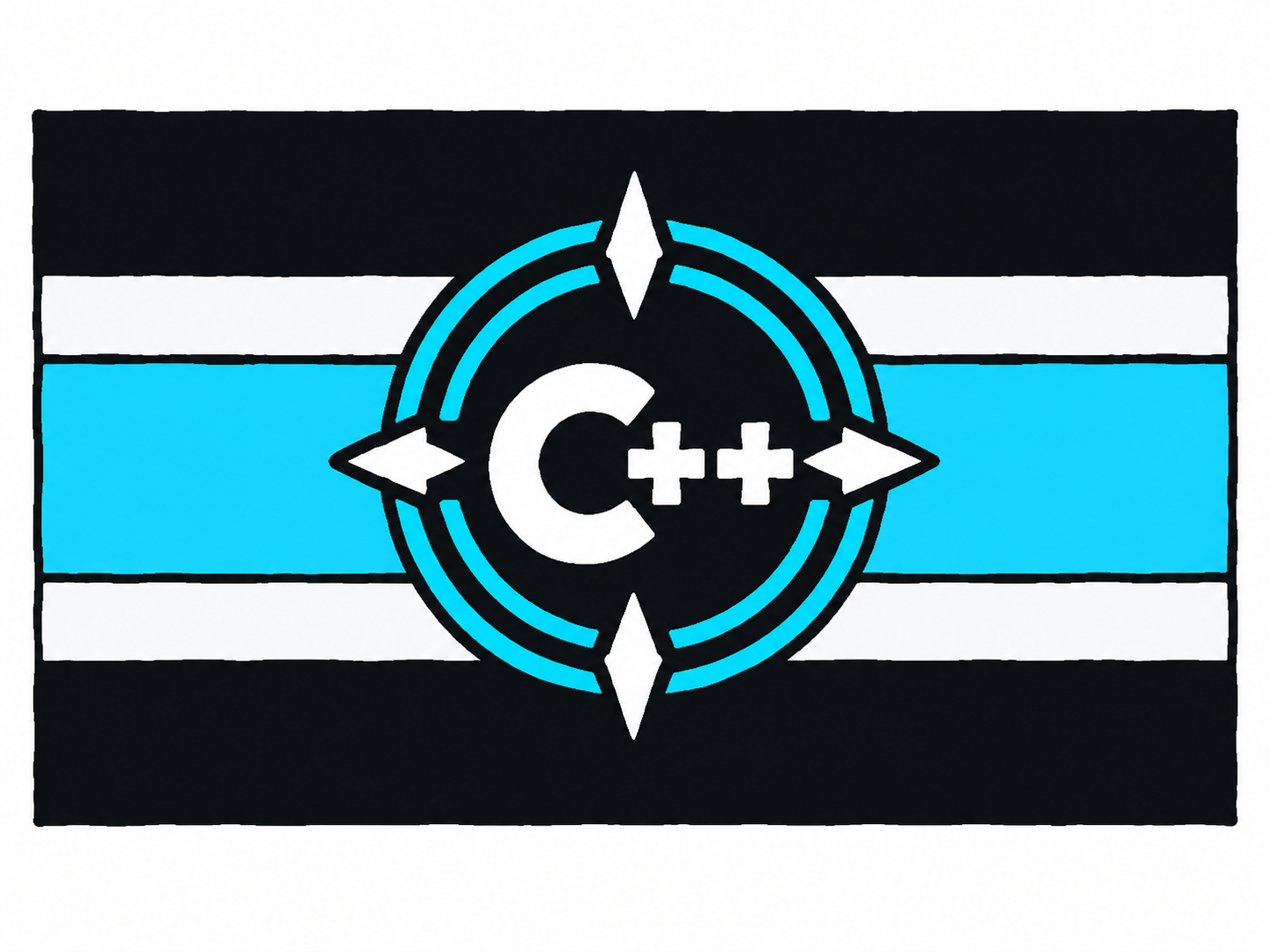 CODARIS flag with black, white, and cyan stripes and a central C++ compass emblem